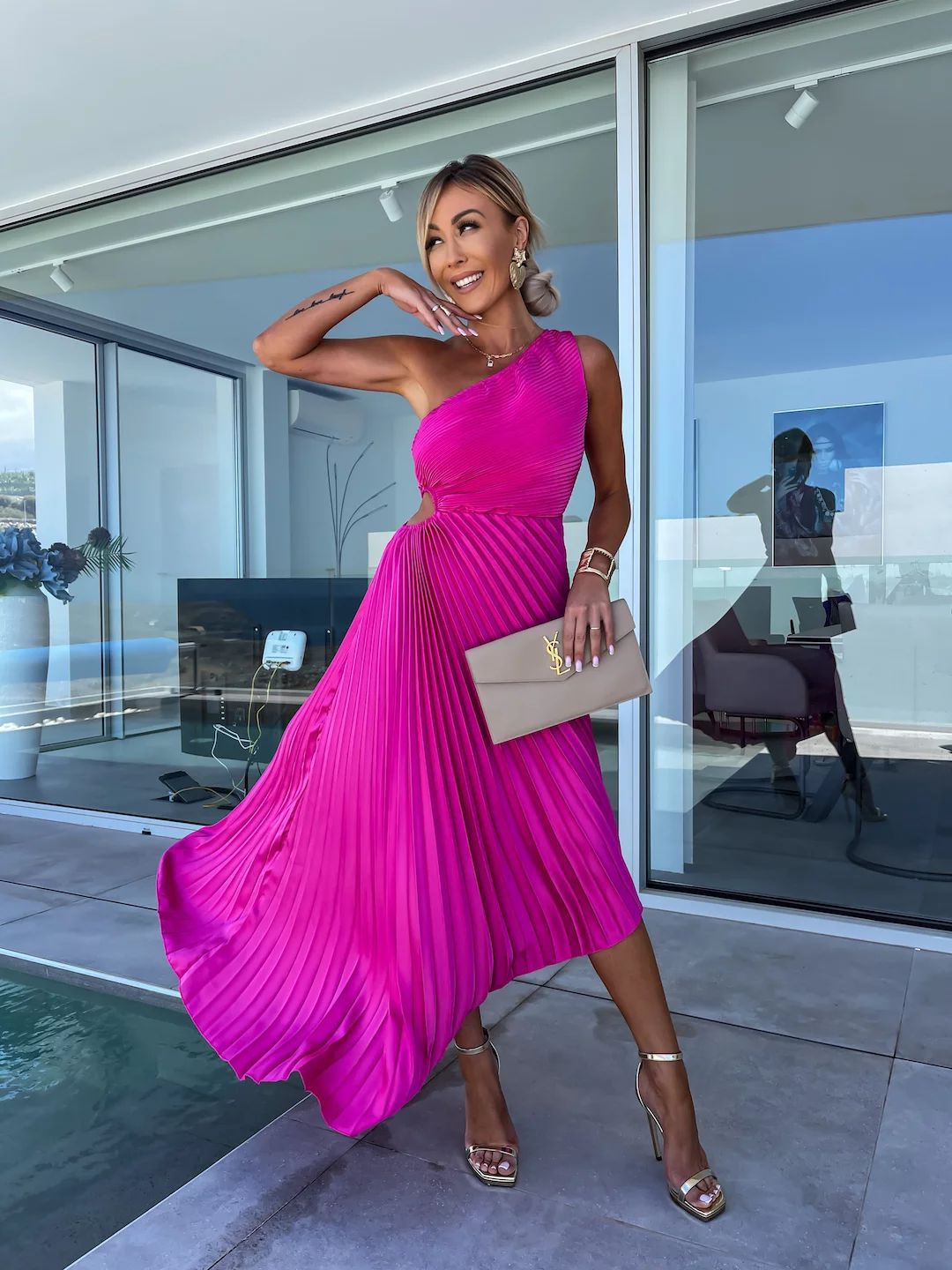 ELLA | One-Shoulder Plissee Midikleid für Hochzeitsgäste