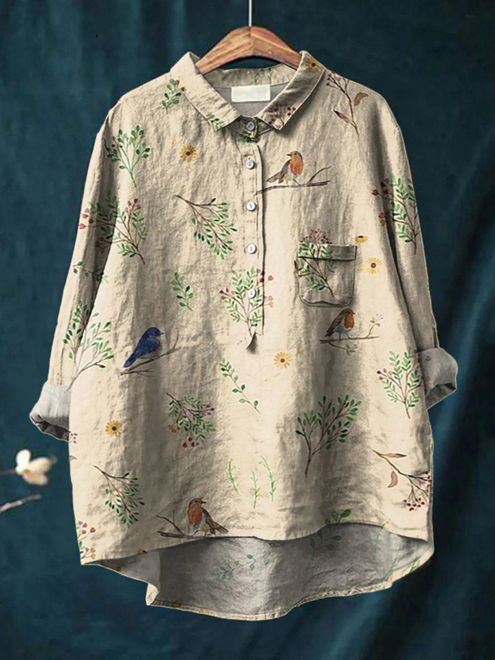 Lotte | Legere Damenbluse mit Zweig- und Rotkehlchenprint