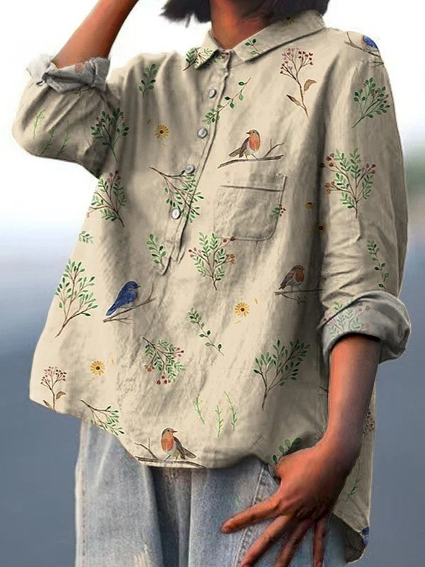 Lotte | Legere Damenbluse mit Zweig- und Rotkehlchenprint