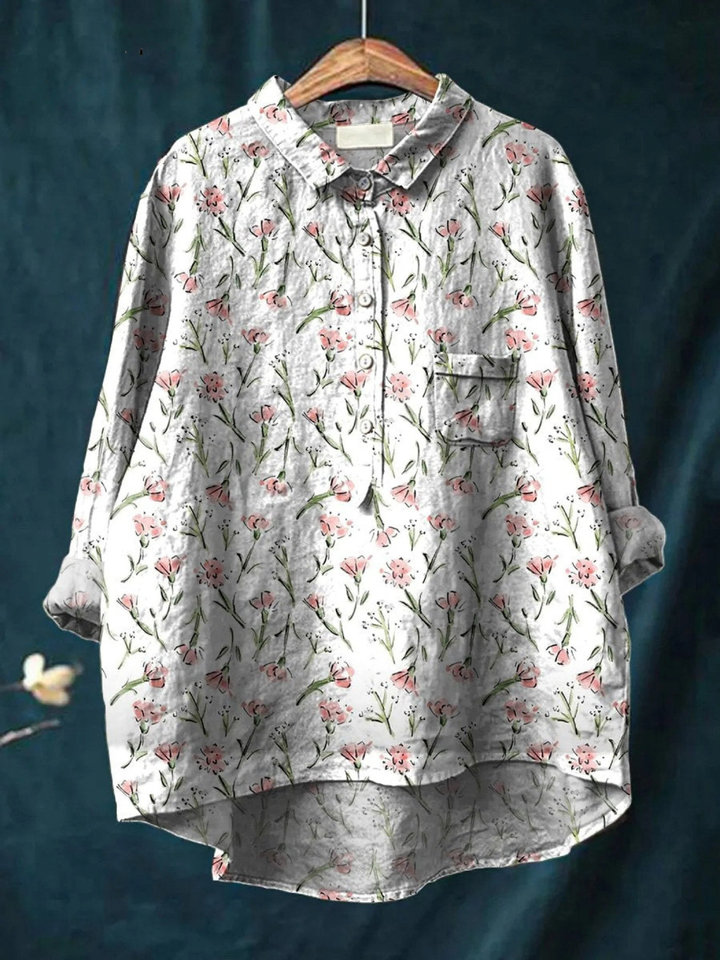 Paula | Legere Damenbluse mit rosa Frühlings-Blumenmotiv