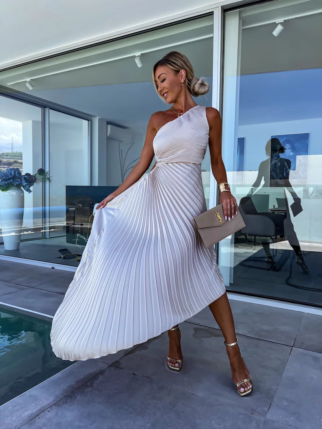 ELLA | One-Shoulder Plissee Midikleid für Hochzeitsgäste