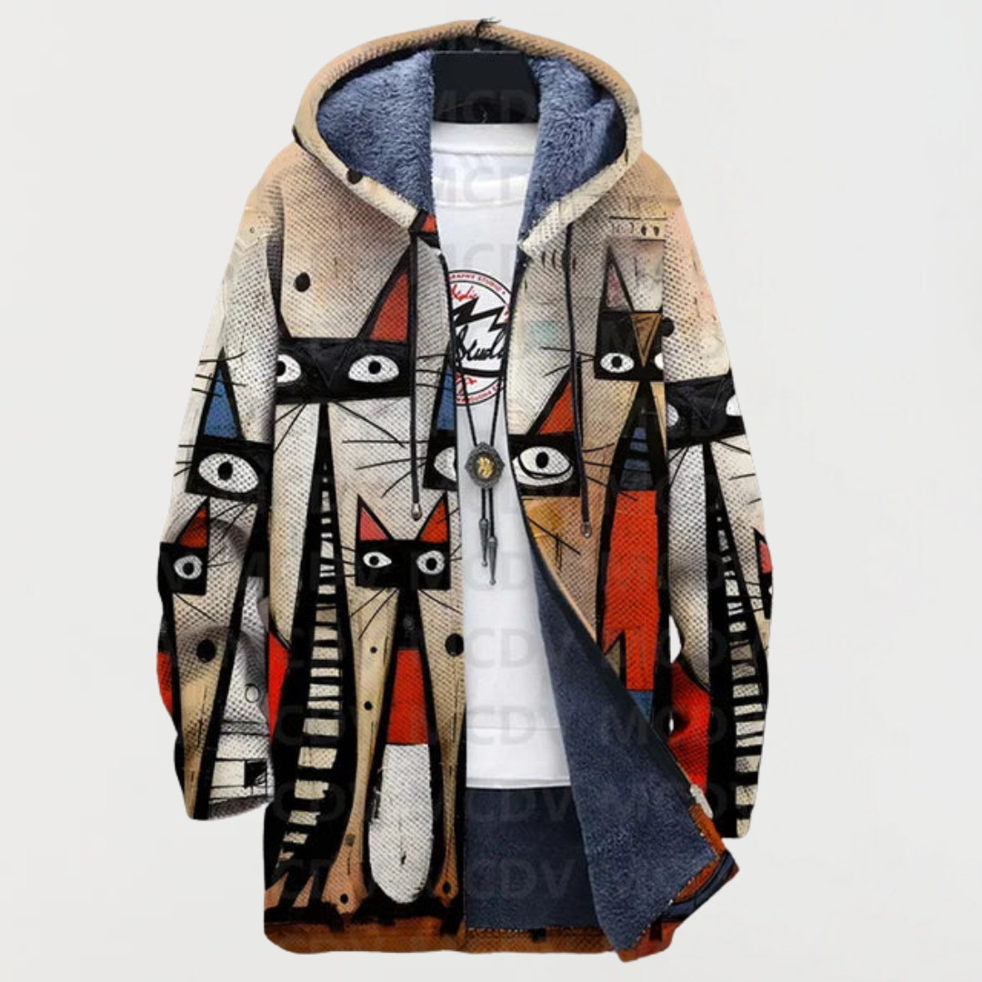Jacke mit abstraktem Muster und Katze
