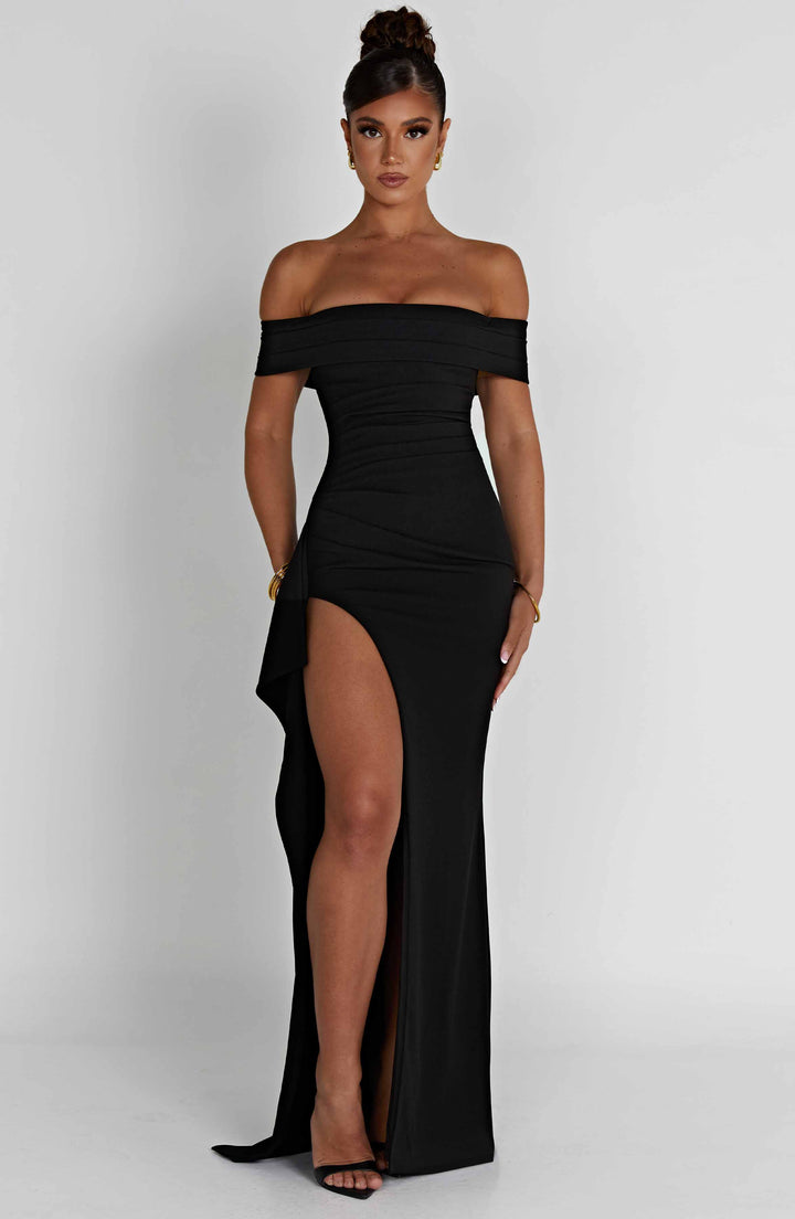 KIM | Off-Shoulder Satin Maxikleid für Hochzeitsgäste
