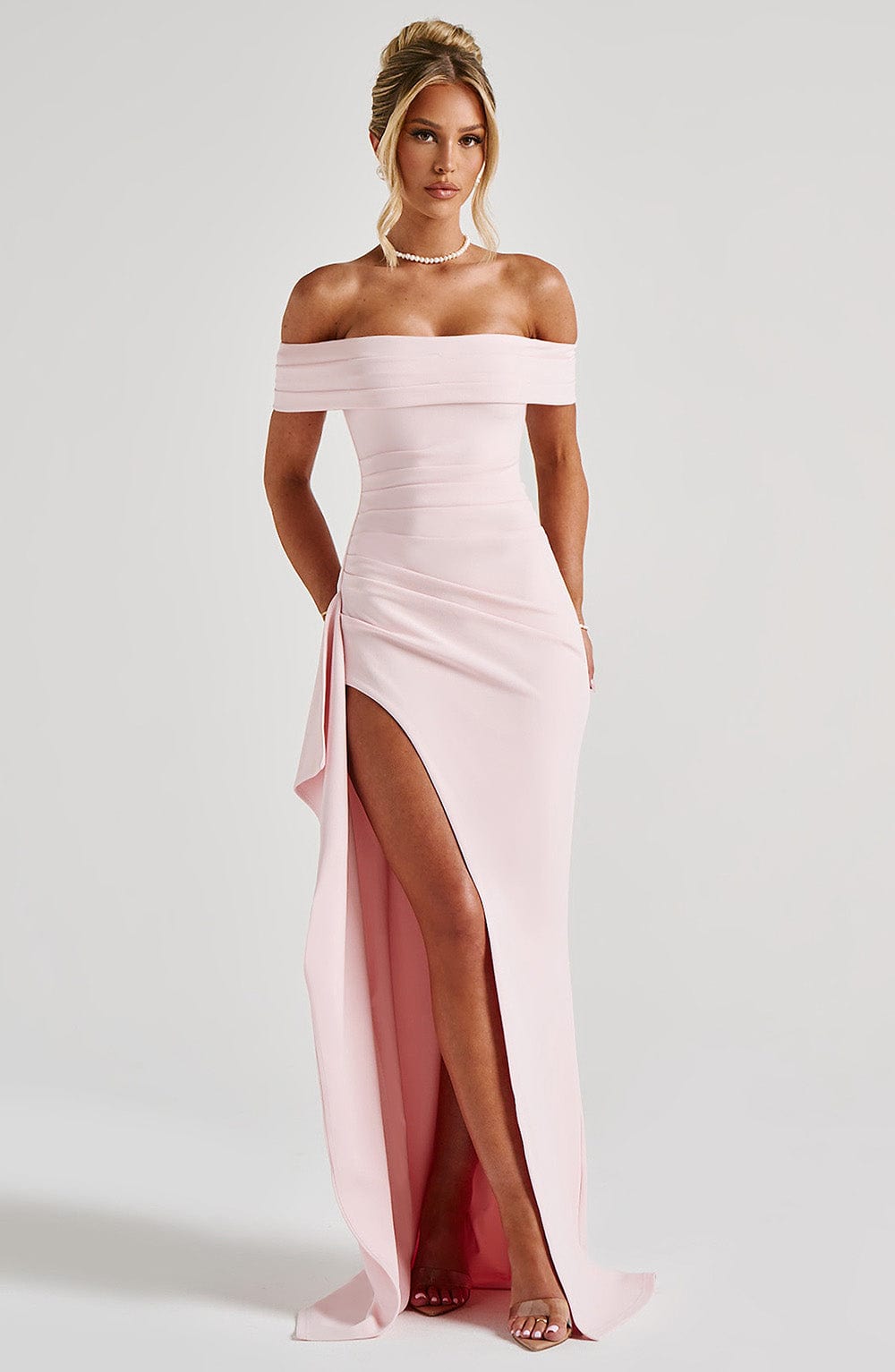 KIM | Off-Shoulder Satin Maxikleid für Hochzeitsgäste