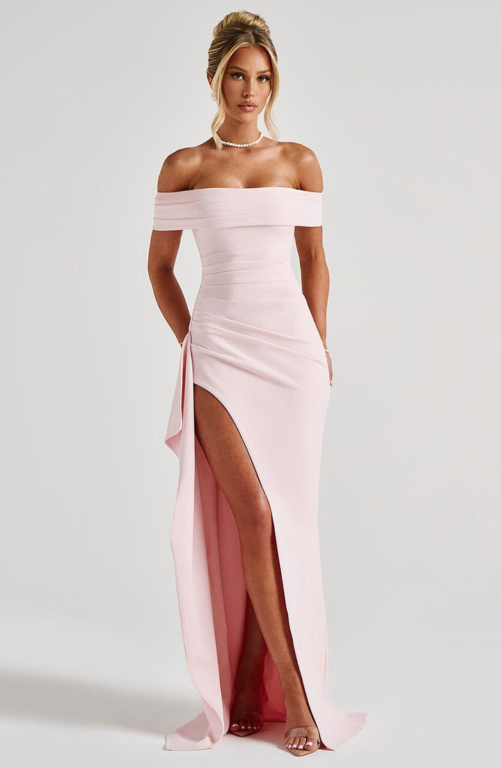 KIM | Off-Shoulder Satin Maxikleid für Hochzeitsgäste