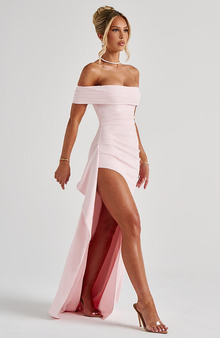 KIM | Off-Shoulder Satin Maxikleid für Hochzeitsgäste