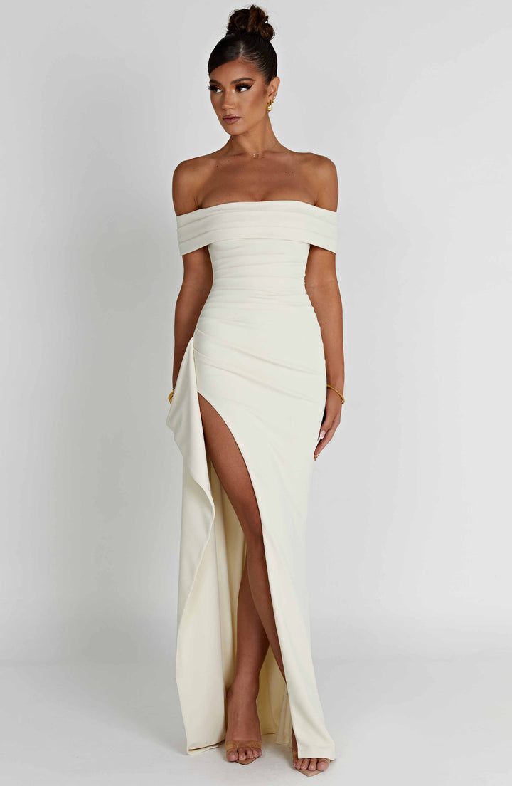 KIM | Off-Shoulder Satin Maxikleid für Hochzeitsgäste