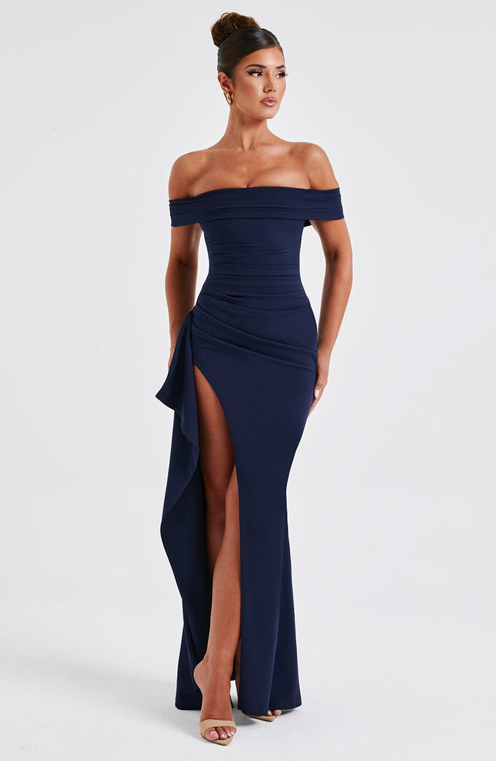 KIM | Off-Shoulder Satin Maxikleid für Hochzeitsgäste