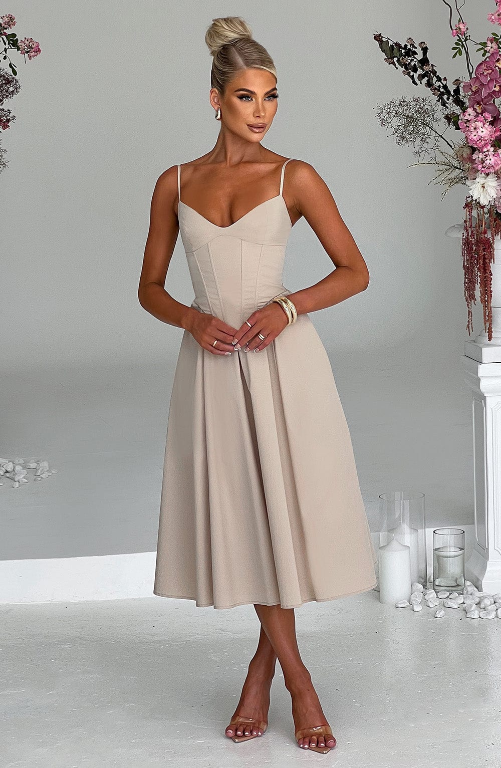 MAILEEN | Elegantes Corsage Midikleid für Hochzeitsgäste