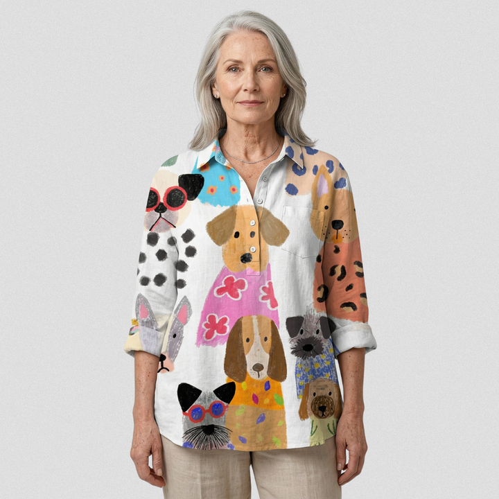 Ida | Legere Bluse mit farbenfrohem Cartoon-Hund