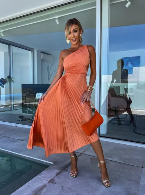 ELLA | One-Shoulder Plissee Midikleid für Hochzeitsgäste